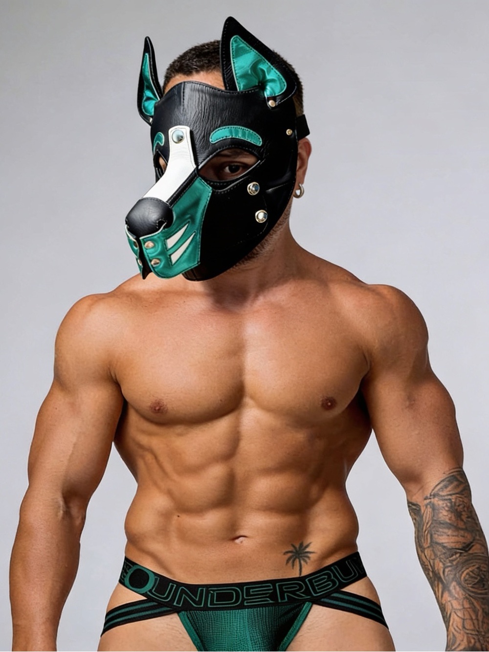 Leather Canine Face Mask in Black & Green